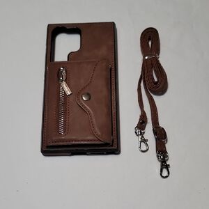 SM S24 ULTRA Brown Leather Phone Case with Detachable Strap